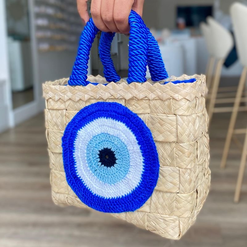 Acessório Bolsa Artesanal Quadrado Palha Olho Grego Croche