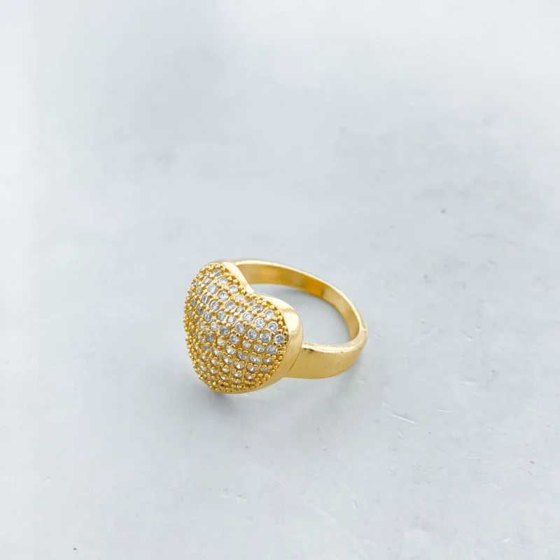Anel Banho Diamante Grosso Cravejado Coração Grande