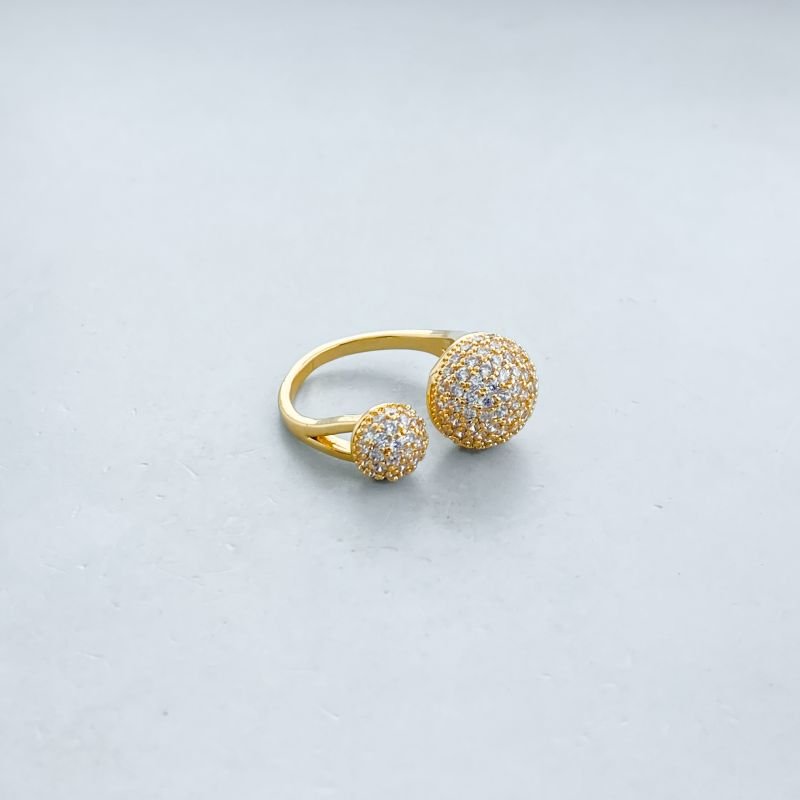 Anel Banho Diamante Regulável Médio Cravejado com 2 Bolas Maior e Menor