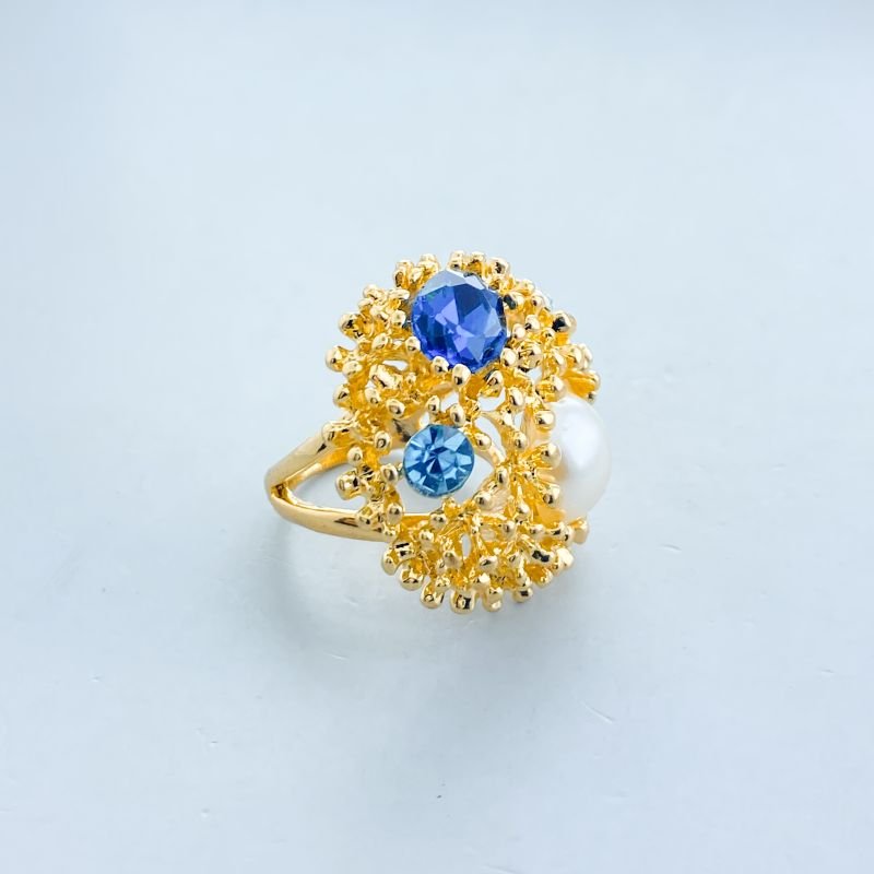 Anel Bijuteria Maximalista Pedras e Pérola Redondo