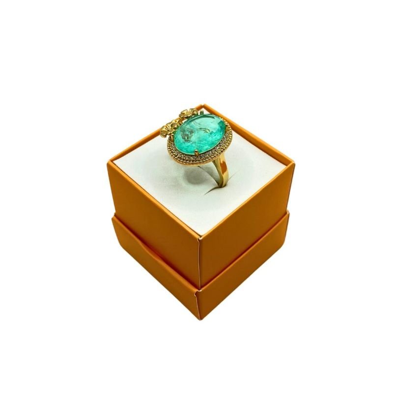 Anel Luxo Pedra Oval Borda Cravejada E com 3 Flores