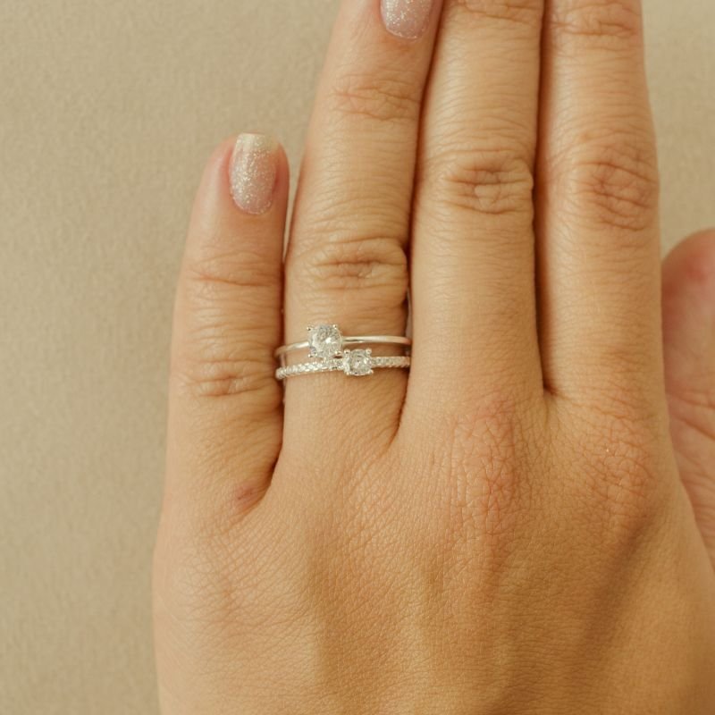 Anel prata925 2 aros liso e cravejado zircônia redo