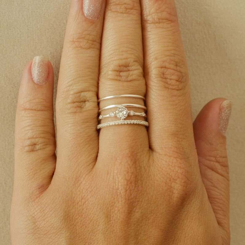 Anel prata925 4 aros liso cravejado zircônia redondo