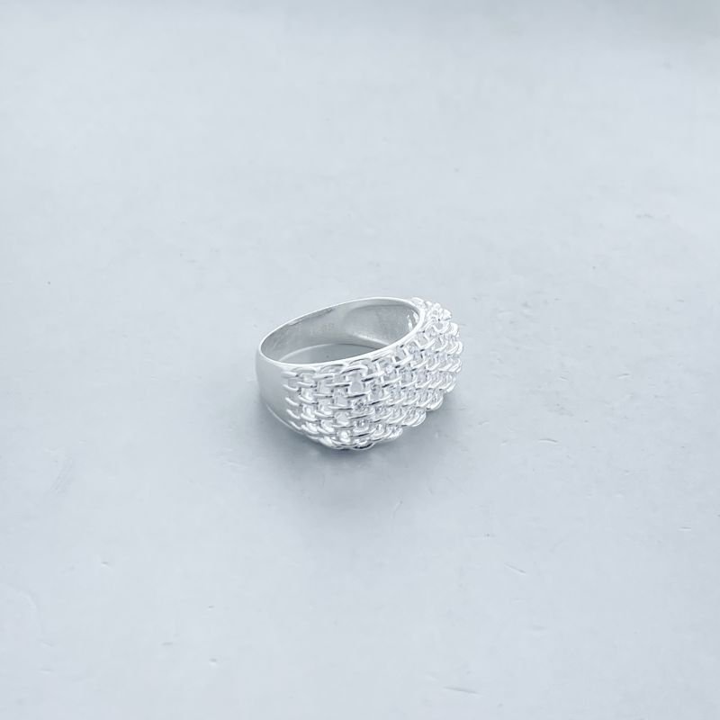 Anel Prata925 Grosso Cravejado Aro Quadrado Vazado com Pedrinhas