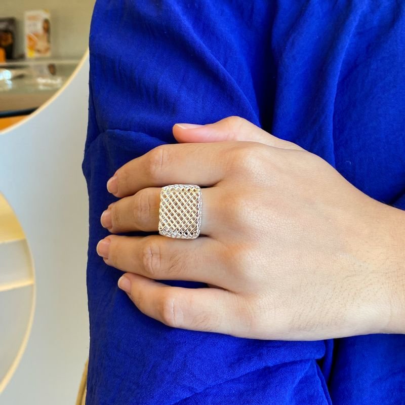 Anel Prata925 Grosso Quadrado Losangos Vazados