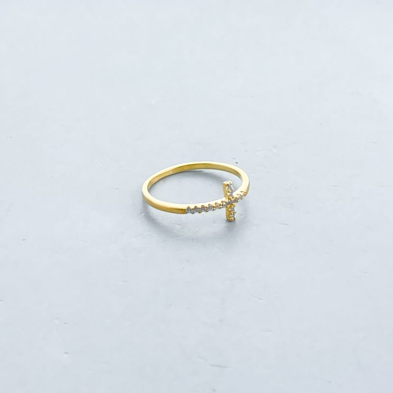 Anel Semijoia Cruz Deitada Cravejada