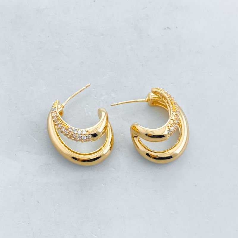 Argola Banho Diamante Médio Aro Duplo Liso e Cravejado