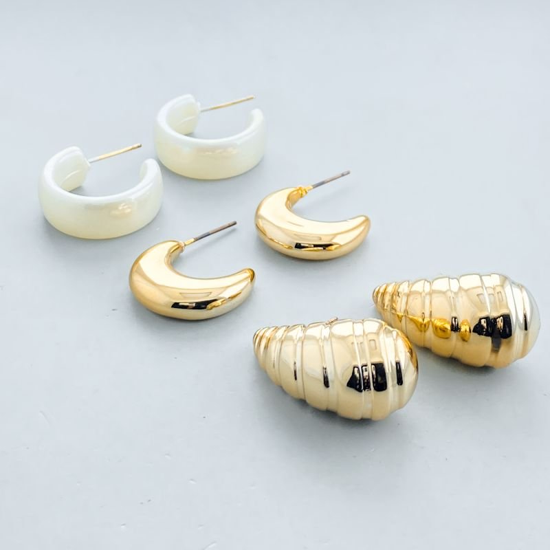 Argola Bijuteria Kit com 3 Perolada Lisa Gota Relevo Listras