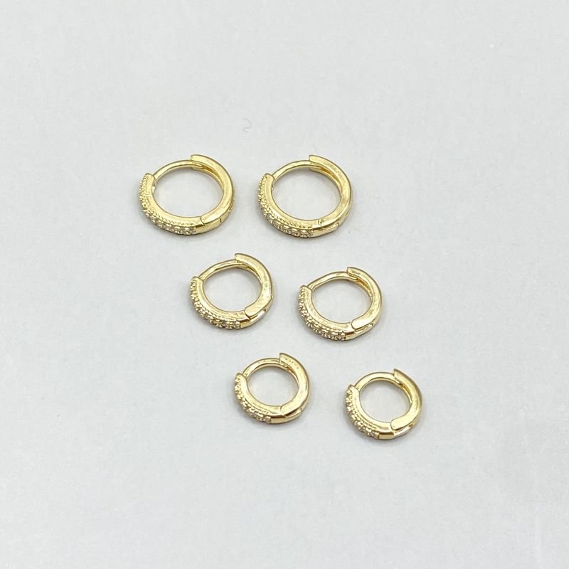 Argola Folheado Kit com 3 Fileira Cravejada Borda Craquelada Minimalista