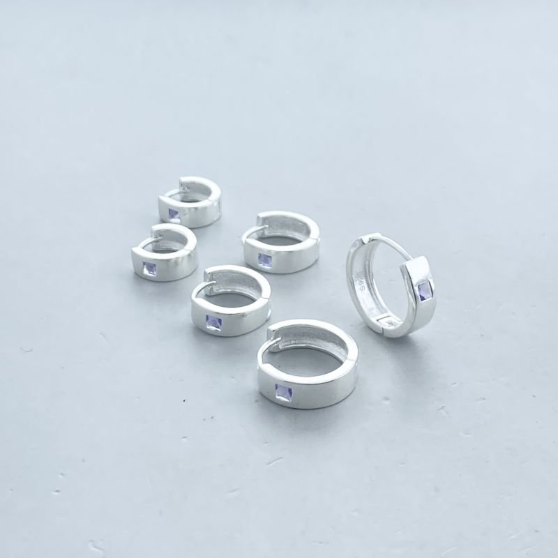 Argola Prata925 Kit com 3 Aro Liso com 1 Pedrinha Quadrada