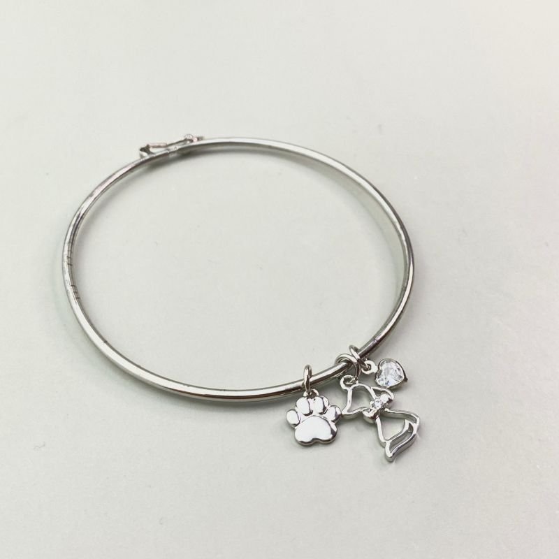 Bracelete Banho Ouro Branco Aro Fino Pingentes Cachorro Vazado Patinha Coração Zircônia