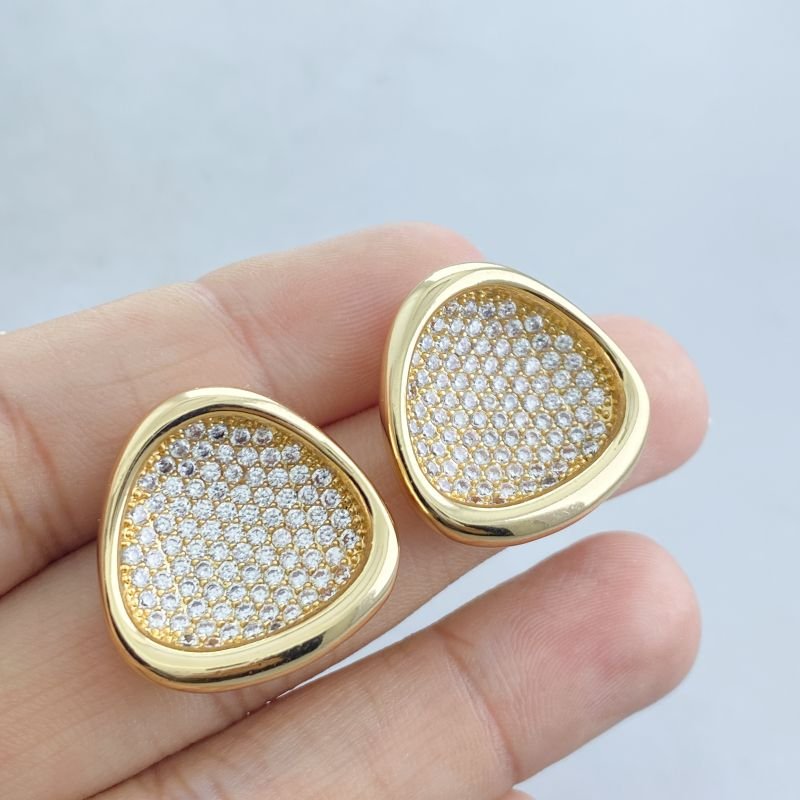 Brinco Banho Biamante Médio Cravejado Meio Oco Borda Lisa