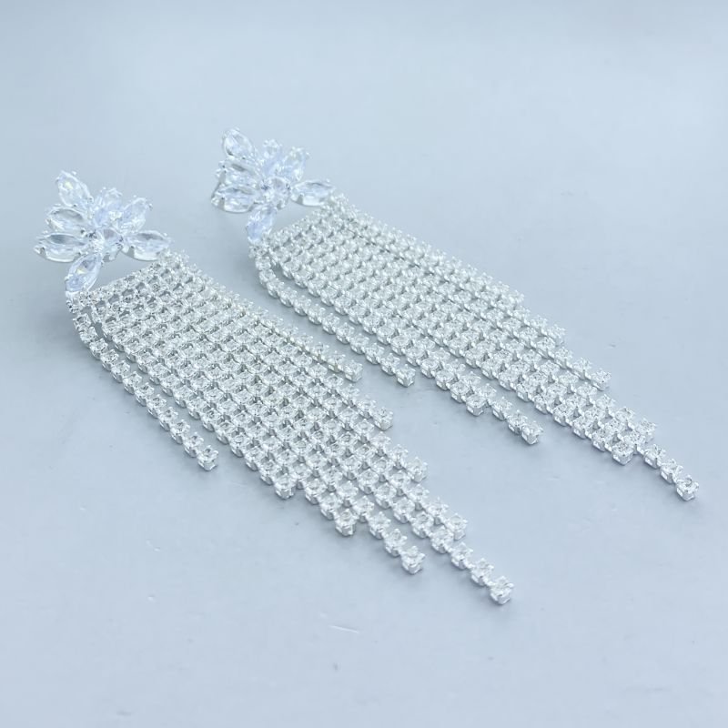 Brinco Banho Diamante Grande Festa Franja Strass Base Pedras Navetes