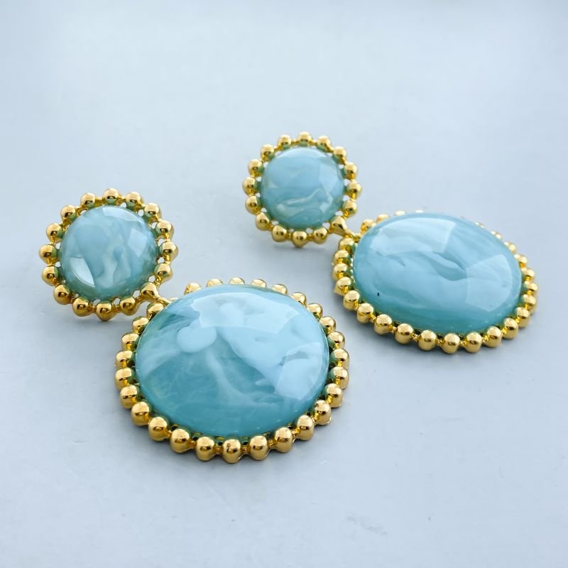 Brinco Banho Diamante Maximalista Liso 2 Pedras Acrílicas Borda Bolinhas