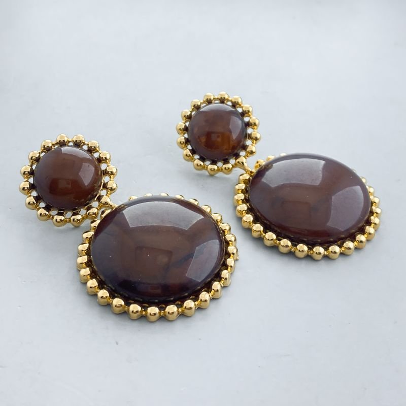 Brinco Banho Diamante Maximalista Liso 2 Pedras Acrílicas Borda Bolinhas