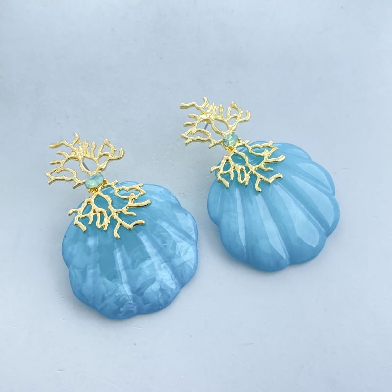 Brinco Banho Diamante Maximalista Liso Concha Acriíica Base Algas