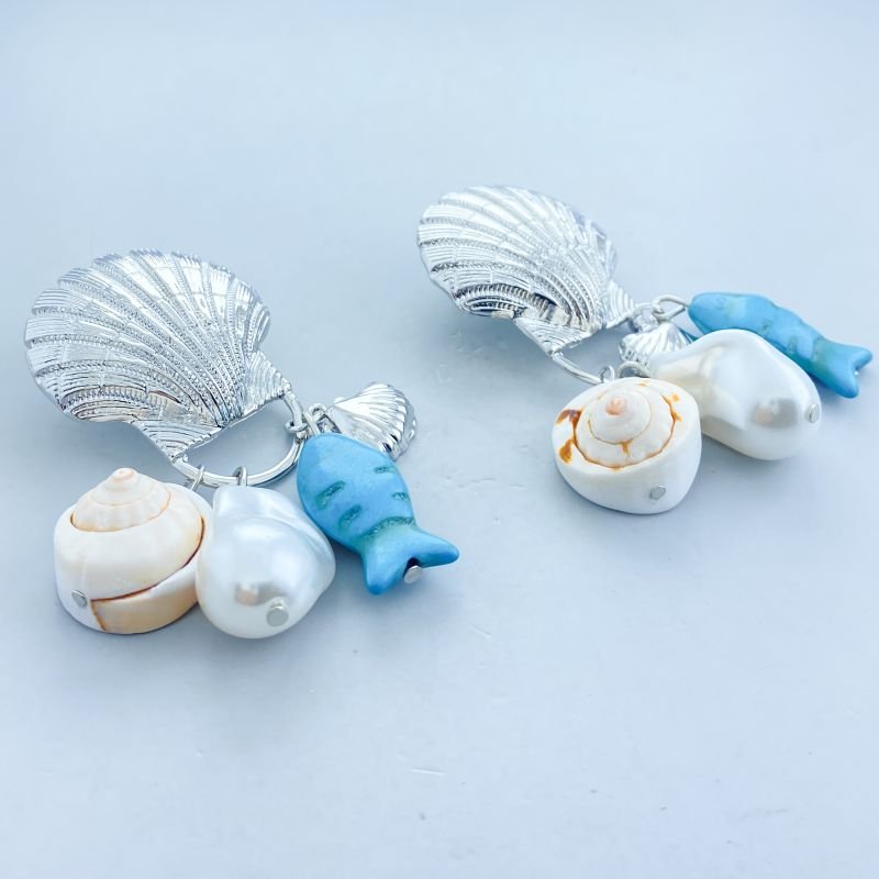 Brinco Banho Diamante Maximalista Liso Concha Pêndulos Peixe Pérola e Conchas