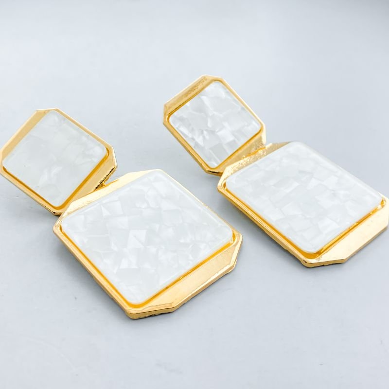 Brinco Banho Diamante Maximalista Liso Pêndulo Quadrado Acrílico Marmorizado