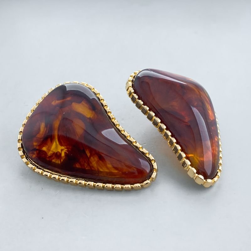 Brinco Banho Diamante Maximalista Orgânico Pedra Oval Acrílica Marmorizada