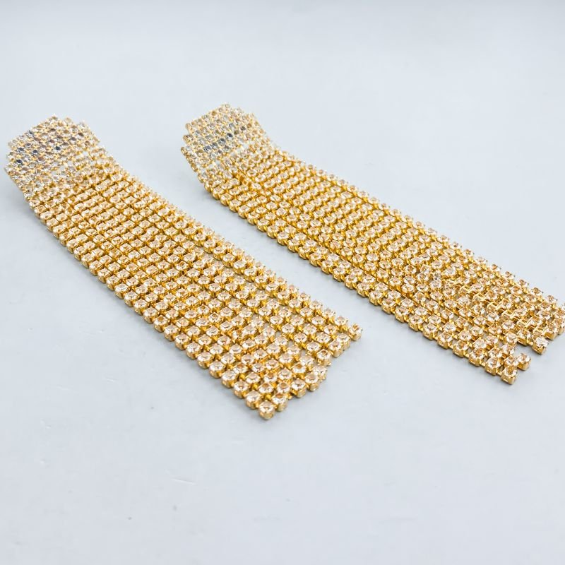 Brinco Banho Diamante Maximalista Strass Franja