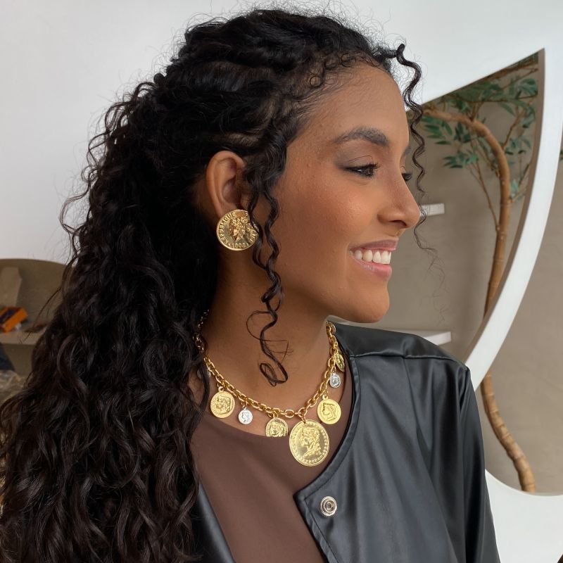 Brinco Banho Diamante Moeda Boho Chic