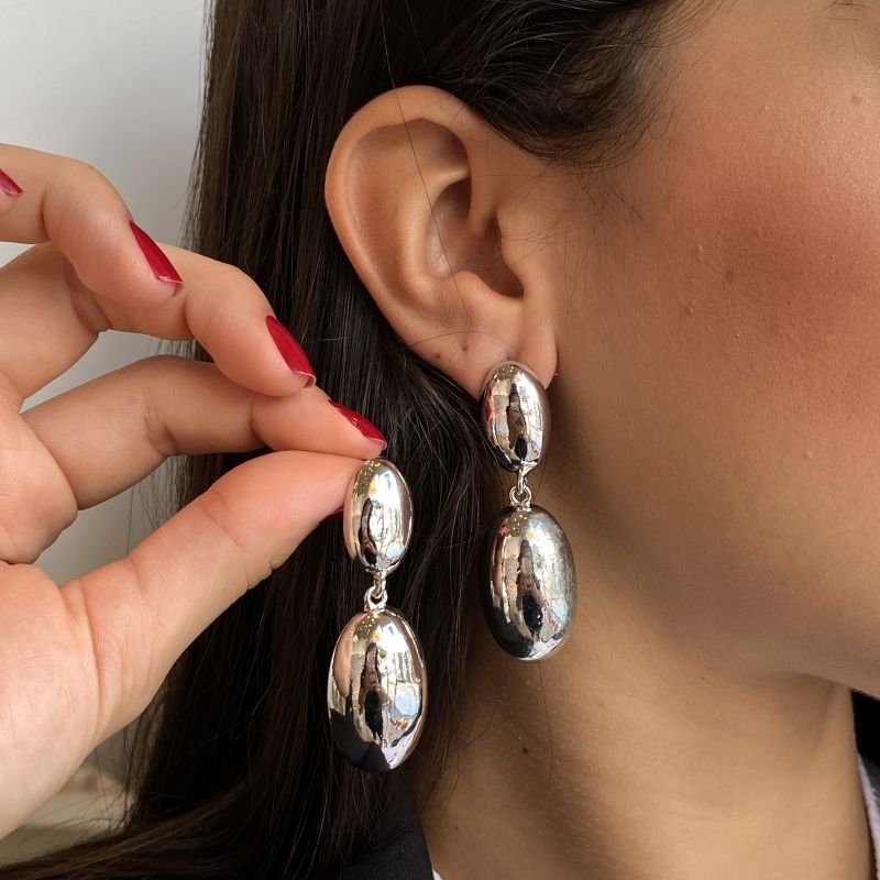 Brinco Banho Diamante Oval Liso com Pêndulo Match de Banho Grande