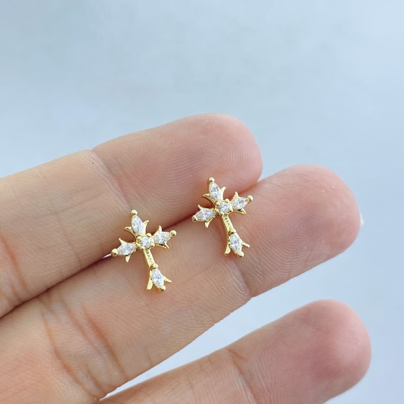 Brinco Banho Diamante Pequeno Cravejado Cruz com Pontas