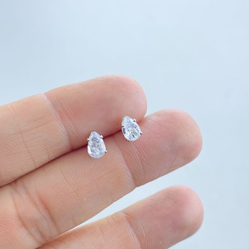 Brinco Banho Ouro Branco Gota Zircônia 4 Garras Pequeno