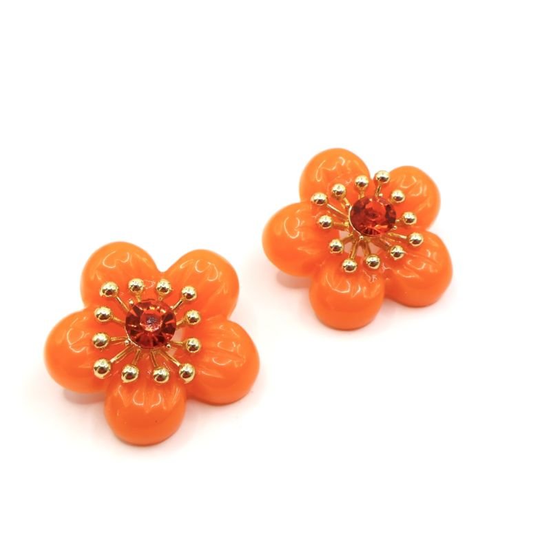 Brinco Bijuteria Flor Acrílica Meio Bolinhas e Strass