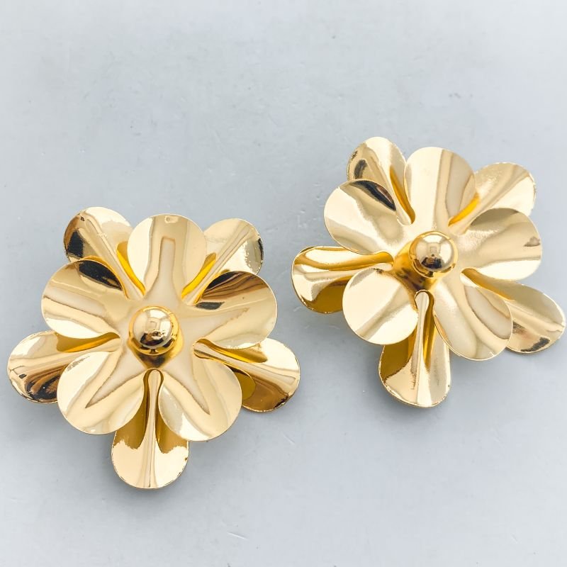 Brinco Bijuteria Maximalista Liso Flor Dupla