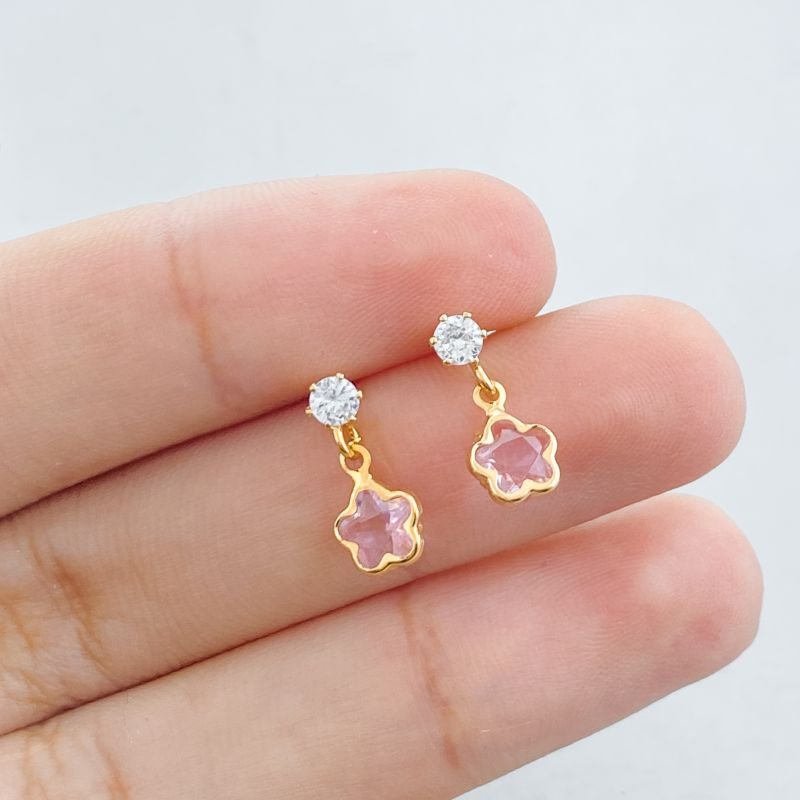 Brinco Folheado Pequeno Pedra Pêndulo Flor Pequena