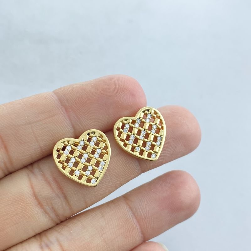 Brinco Folheado Pequeno Vazado Quadradinhos Vazados e Pedrinhas