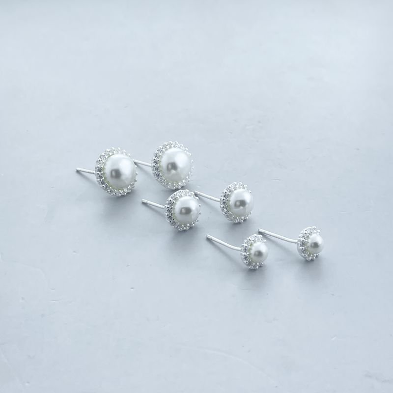 Brinco Prata925 Kit com 3 Pequeno Pérola Borda Cravejada