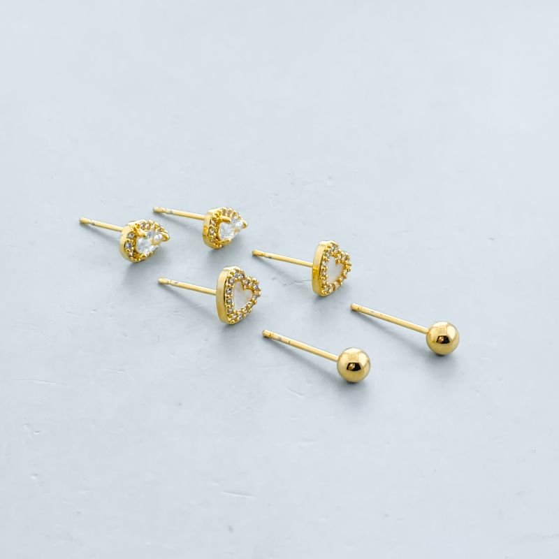 Brinco Semijoia Kit com 3 Pequeno Cravejado Gota Coração Madre Pérola e Bolinha