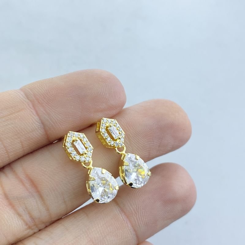Brinco Semijoia Médio Pedra Losango e Gota Zircônia