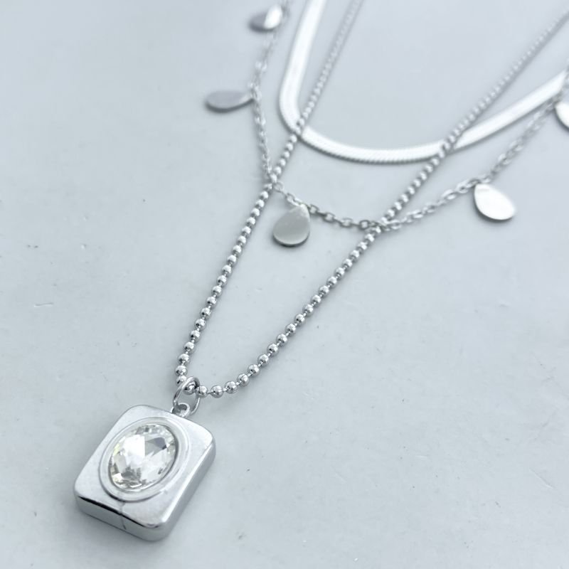 Colar Aço Inox Triplo Malha Gotas Lisas e Pedra Oval