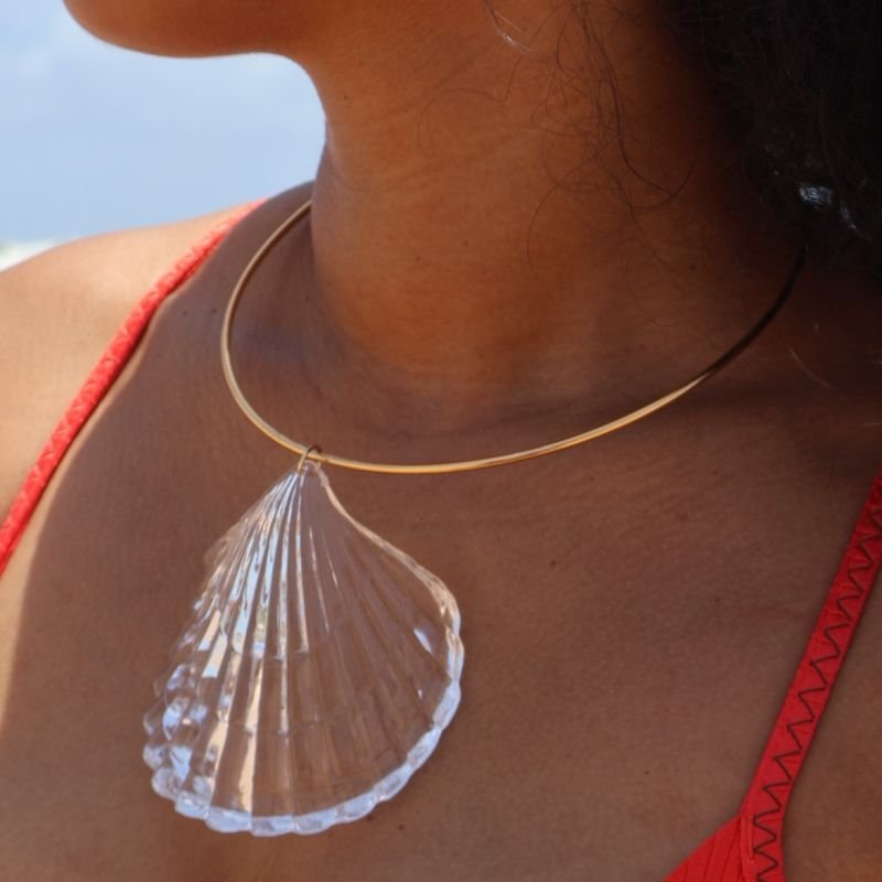 Colar Banho Diamante Choker Aro Concha Grande Acrílico