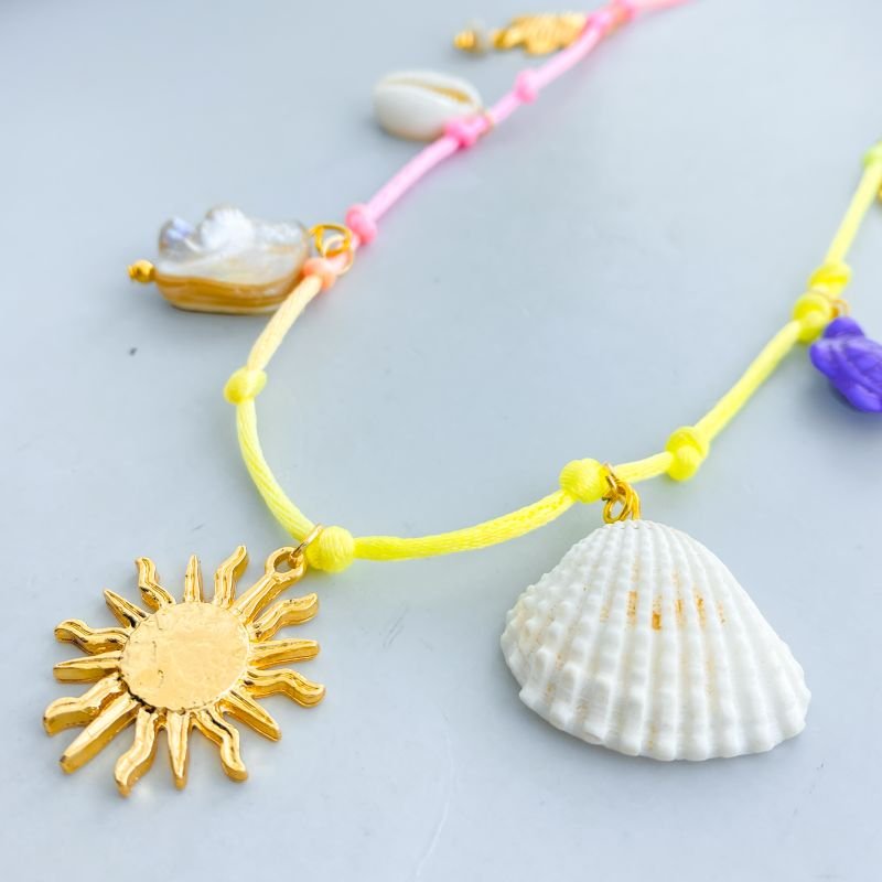 Colar Banho Diamante Corda Sol Peixe Tartaruga Búzio Estrela do Mar