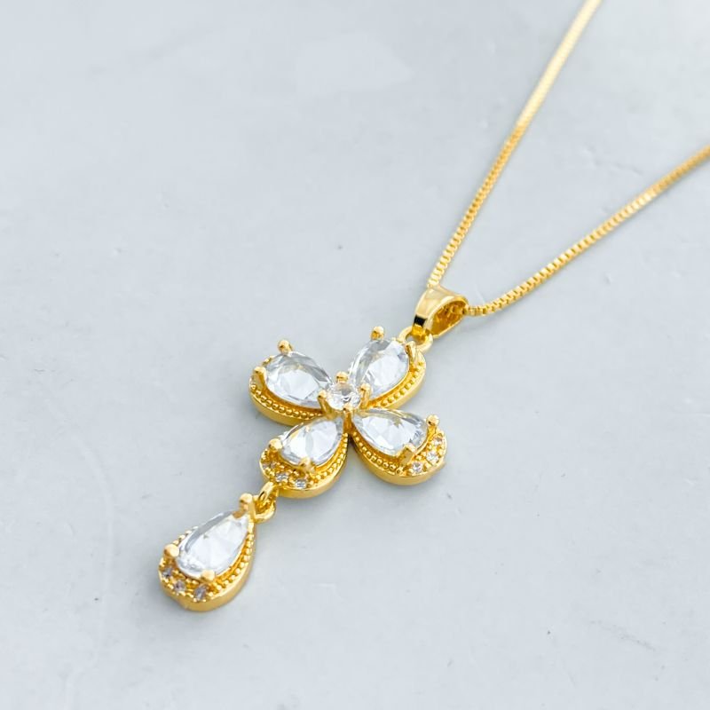 Colar Banho Diamante Cruz Pedras Gotas Borda Bolinhas