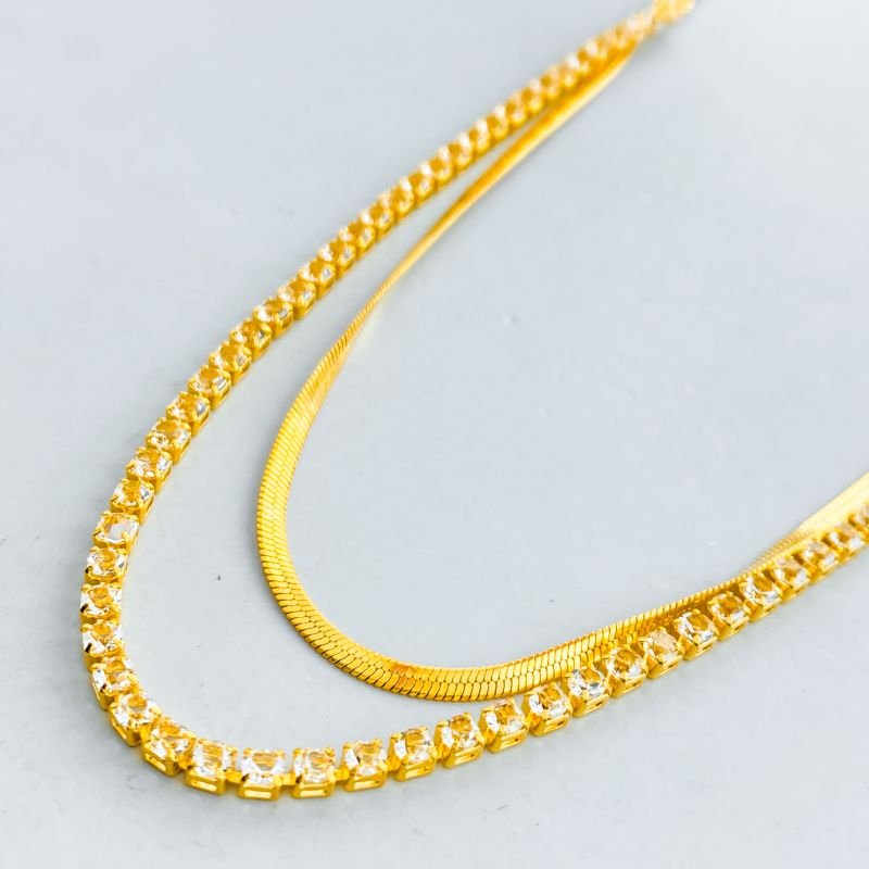 Colar Banho Diamante Duplo Choker Riviera e Malha Fina Laminada