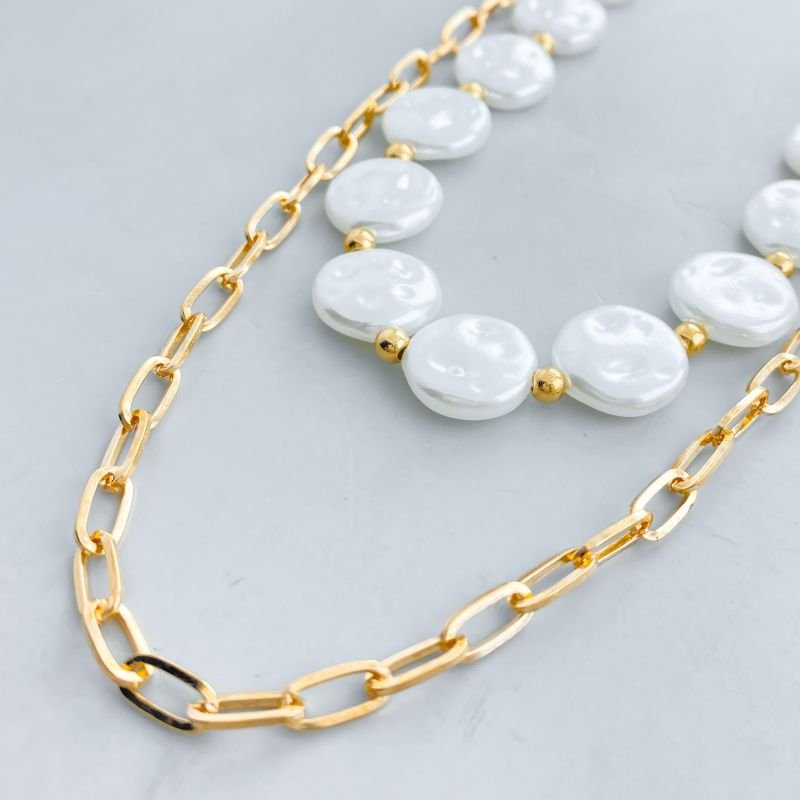 Colar Banho Diamante Duplo Corrente e Pérolas Orgânicas Amassadas