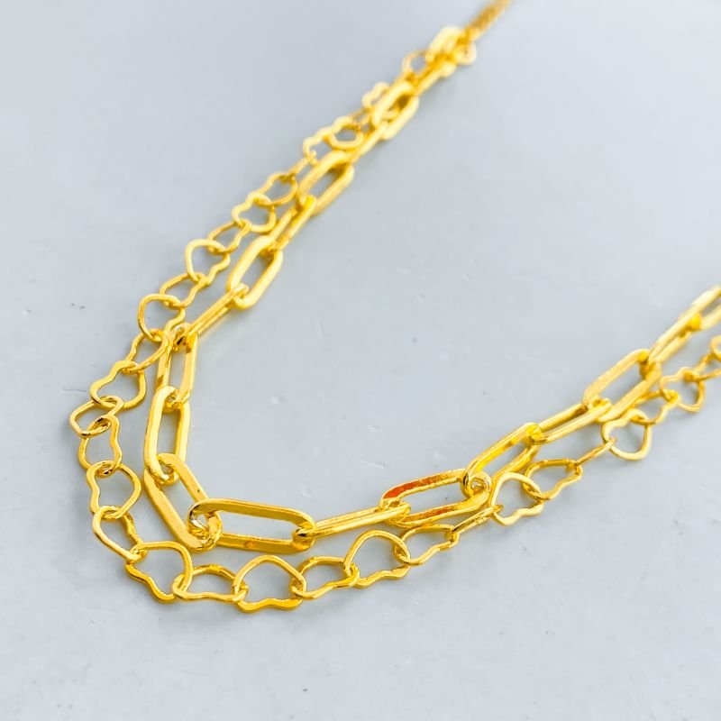 Colar Banho Diamante Duplo Elos Cartier Alongados e Corações Vazados