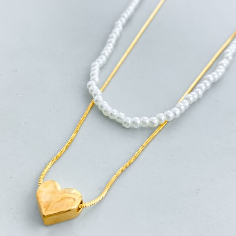Colar Banho Diamante Duplo Pérolas e Coração Liso