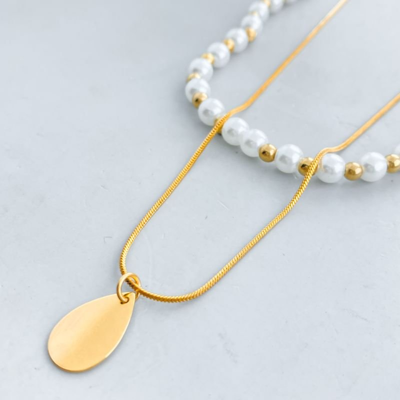 Colar Banho Diamante Duplo Pérolas e Gota Lisa