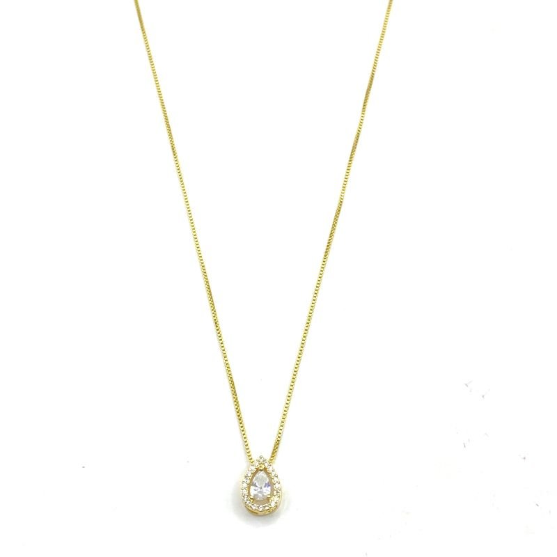Colar Banho Diamante Gota Cravejada Meio Pedra