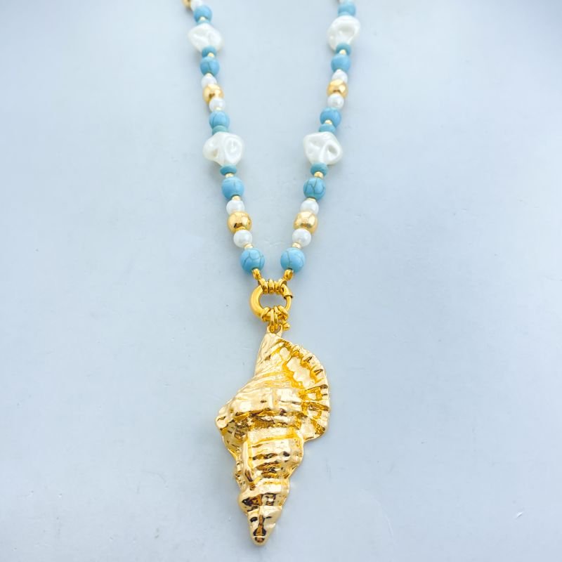 Colar Banho Diamante Longo Miçangas Concha