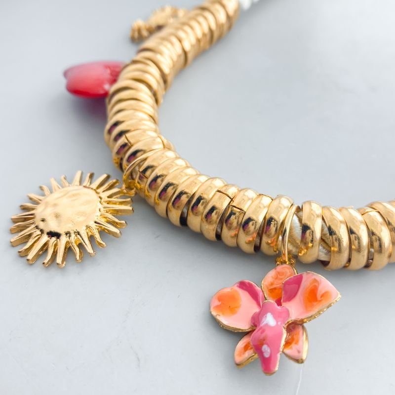 Colar Banho Diamante Maximalista Corda Torcida Elos Sol Carangueijo Concha