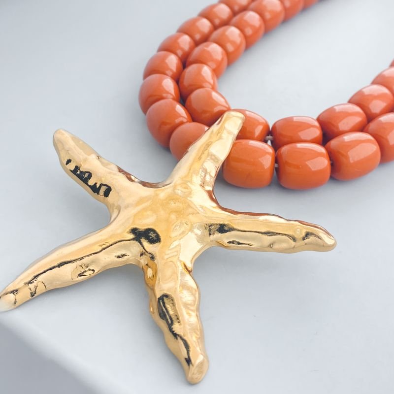 Colar Banho Diamante Maximalista Duplo Pedras Acrilicas E Estrela Do Mar