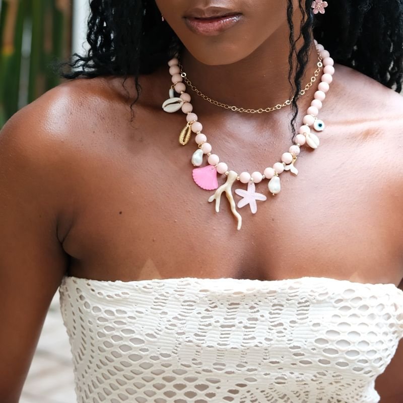 Colar Banho Diamante Maximalista Liso Miçangas Concha Alga Búzio Olho Grego