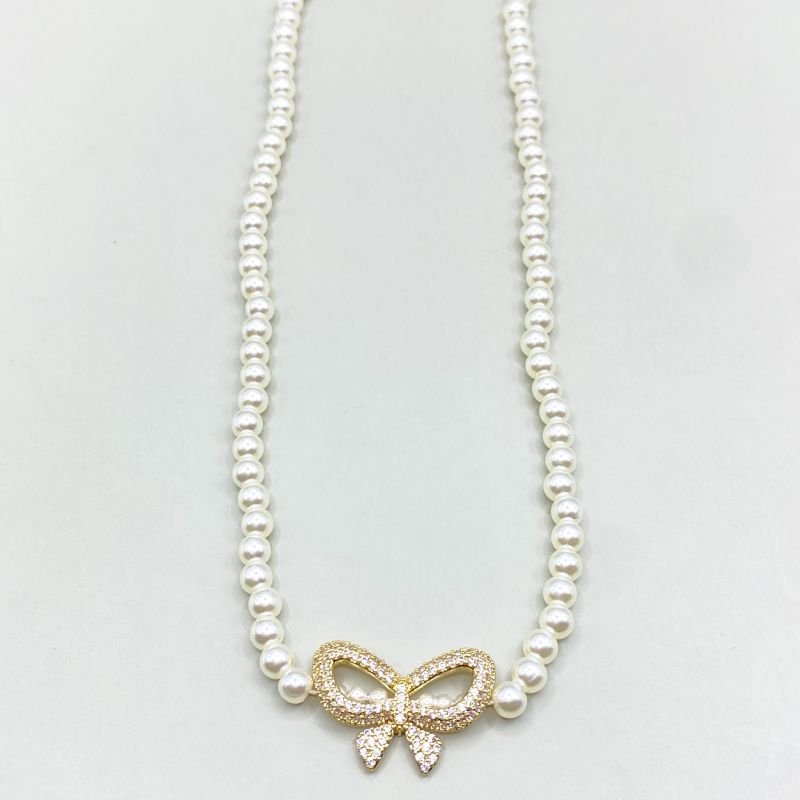 Colar Banho Diamante Pérolas Laço Cravejado